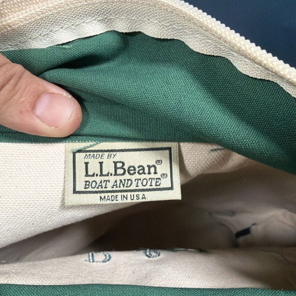 LL Bean Boat & Tote Green Trim White Canvas Tote Bag Large Zip Top Long Handles - Picture 5 of 5